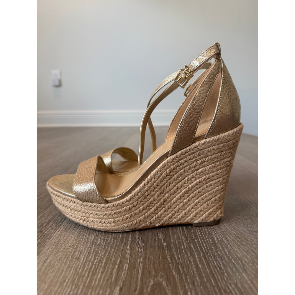 Michael Kors Gold Metallic Leather Espadrille Wedge Sandals 8.5M Platform Ankle
